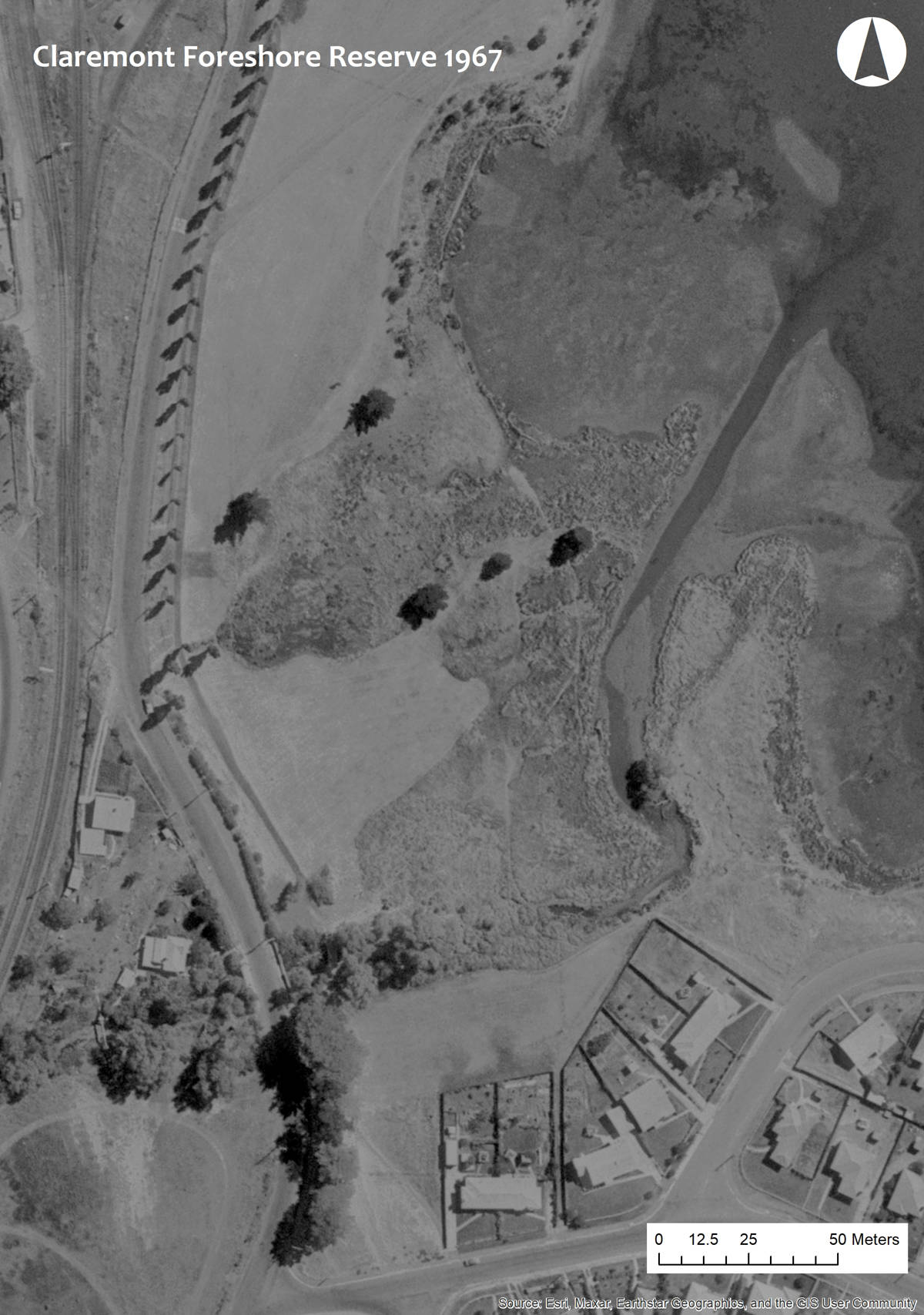 Windermere Bay saltmarsh aerial view, pre-infilling (1967) Photo: TheList; Esri, Maxar, Earthstr Geographics, and the GIS User Community.