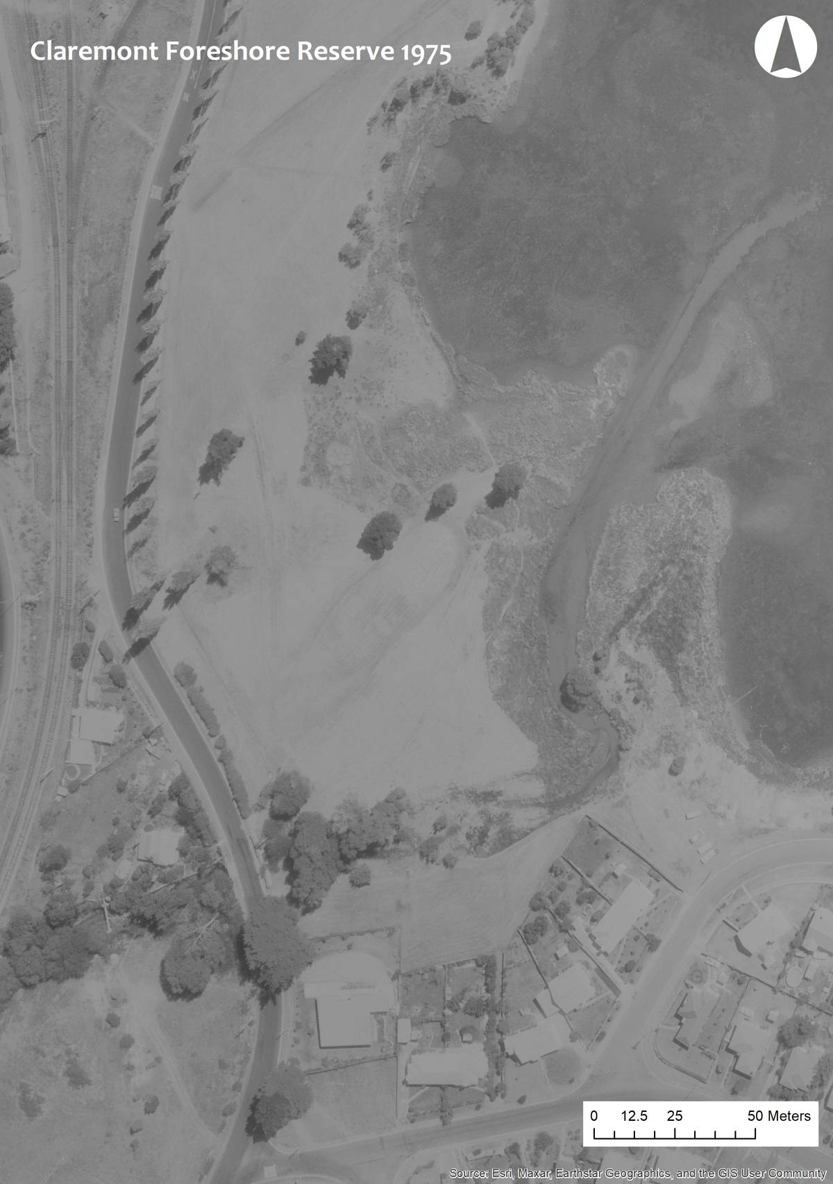 Windermere Bay saltmarsh aerial view, post-infilling (1975) Photo: TheList; Esri, Maxar, Earthstr Geographics, and the GIS User Community.